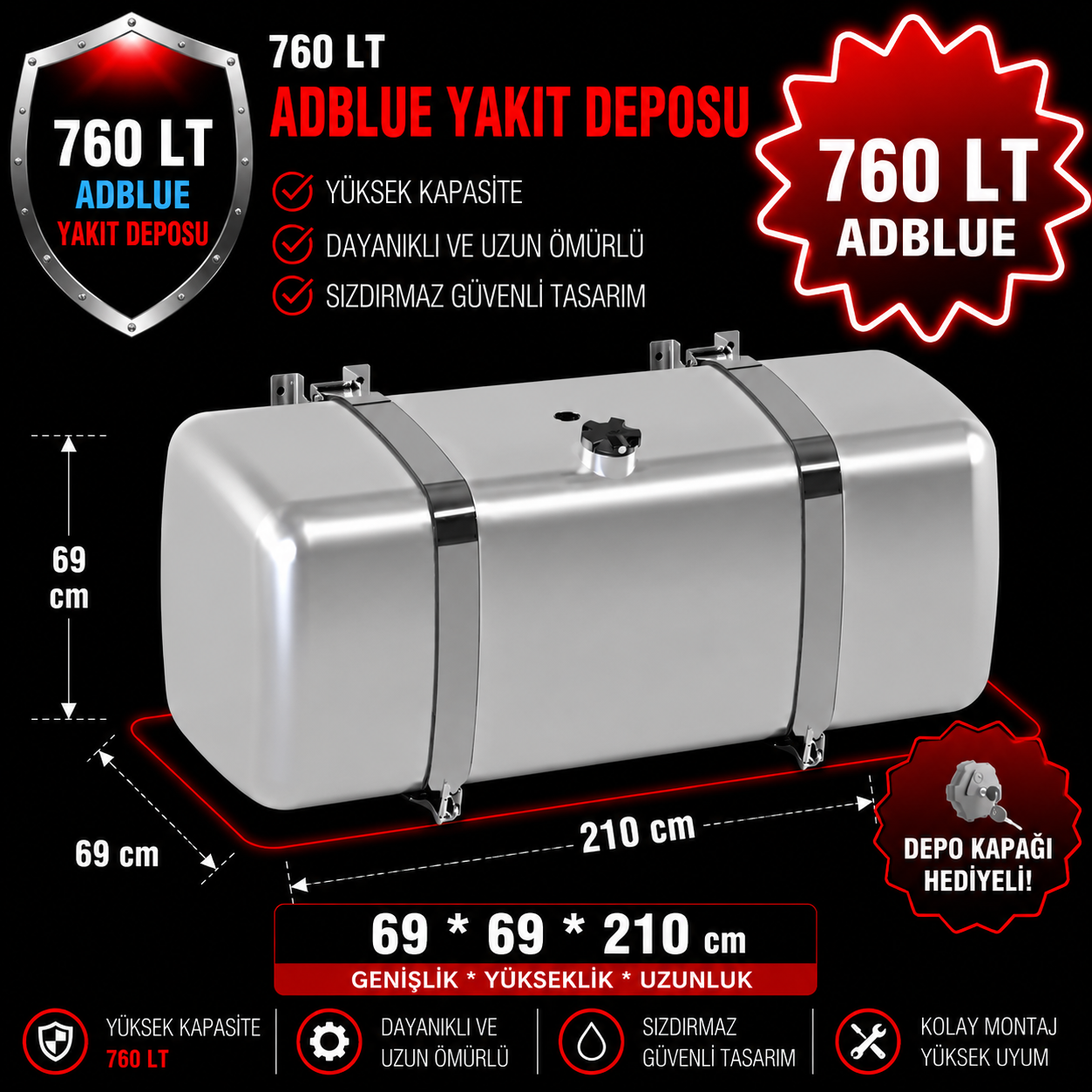 DAF 760 LT ADBLUE ALÜMİNYUM AYAKLI YAKIT DEPOSU 69*69*210