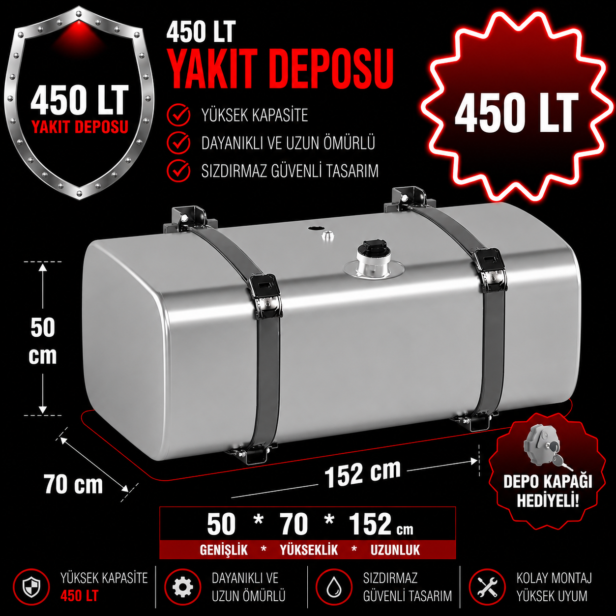 SCANIA (KAMYON P 250-380-400-410- 420 G 360-400-420-450) 450 LT ALÜMİNYUM AYAKLI YAKIT DEPOSU 50*70*