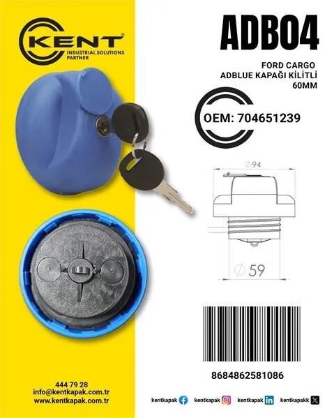 FORD CARGO ADBLUE DEPO KAPAĞI KİLİTLİ 60MM 704651239 KNT-ADB04