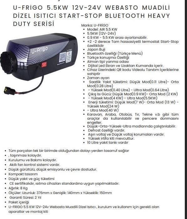 U-FRİGO 5.5KW 12V-24V WEBASTO MUADİLİ DİZEL ISITICI START-STOP BLUETOOTH HEAVY DUTY SERİSİ