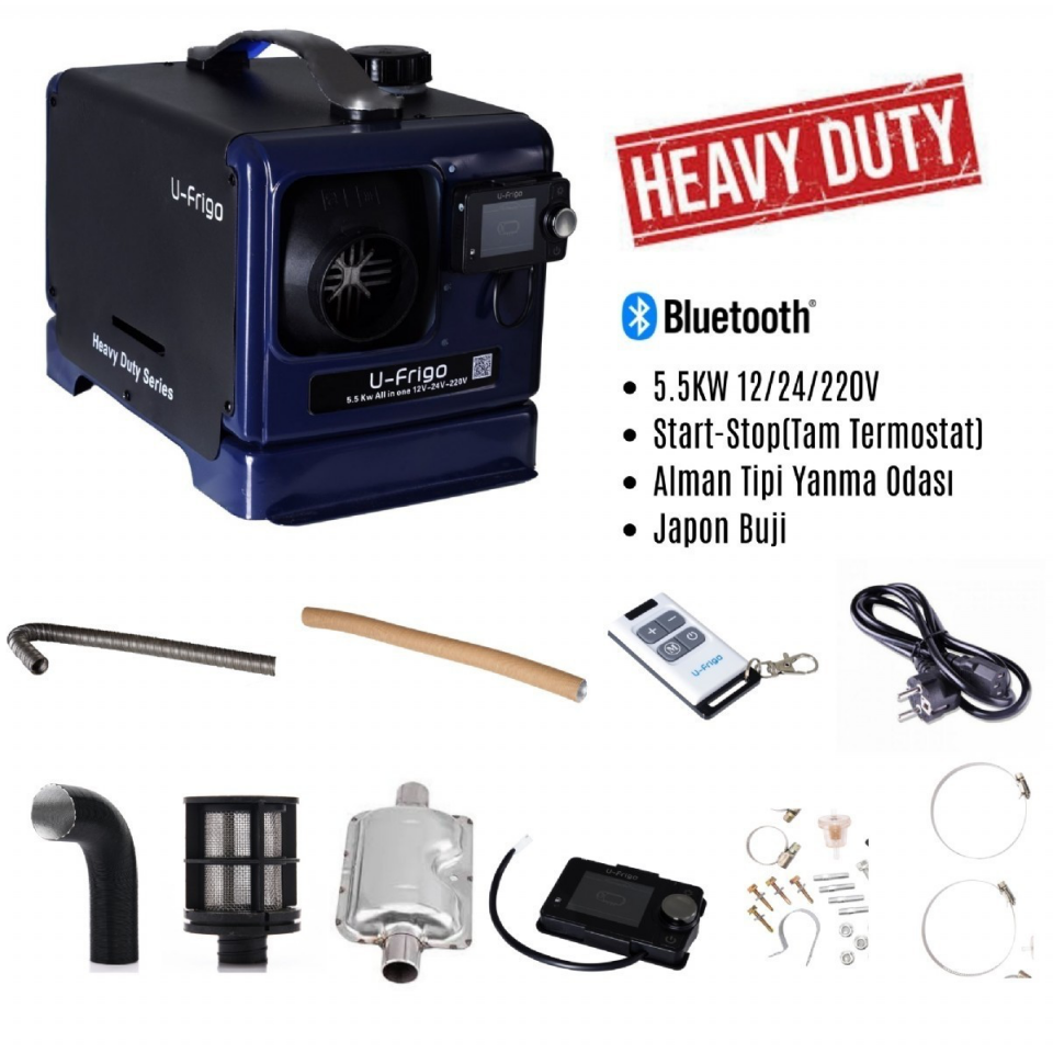 U-FRİGO 5.5KW 12V-24V-220V ÇANTA TİPİ WEBASTO MUADİLİ DİZEL ISITICI START-STOP BLUETOOTH HEAVY DUTY.