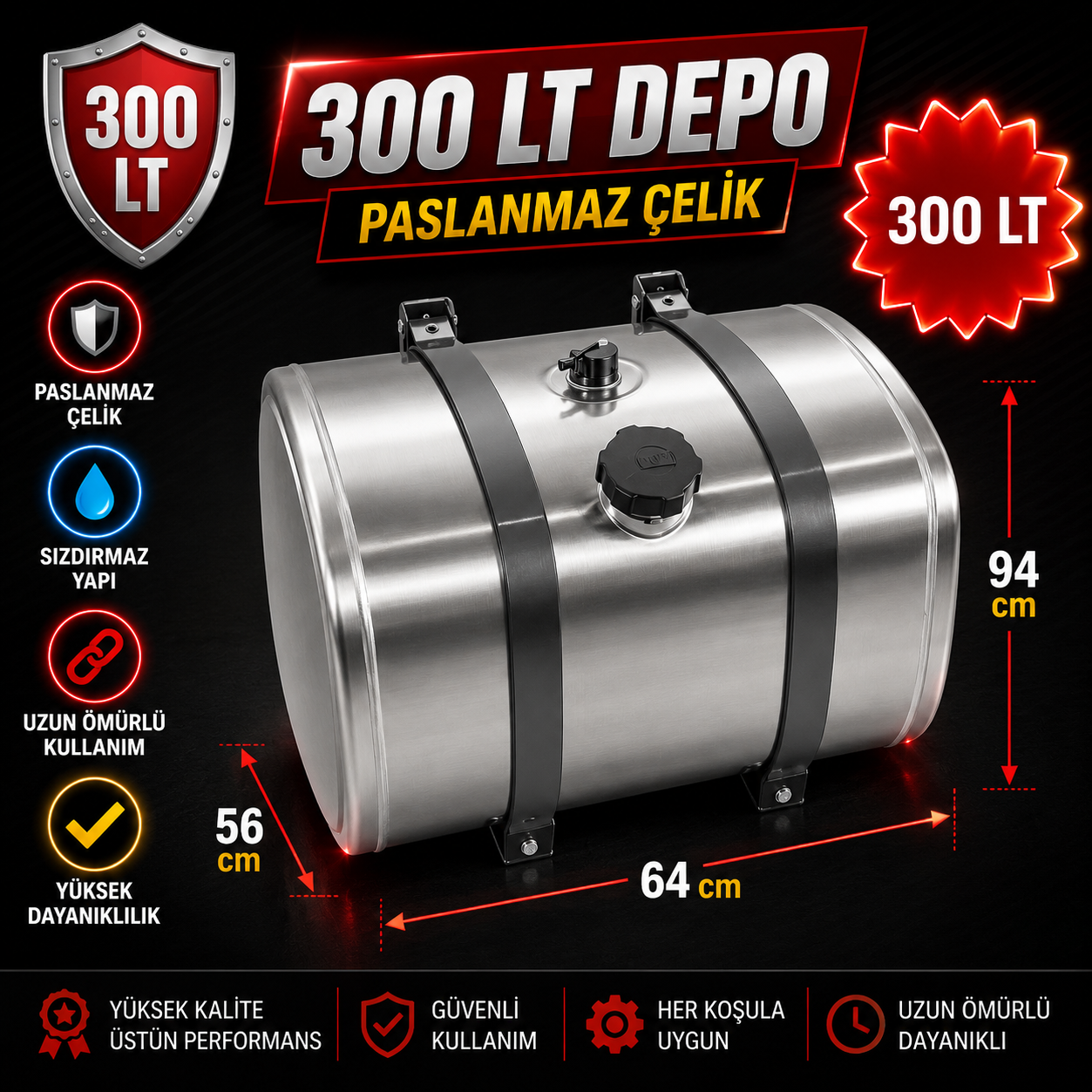 MERCEDES (3028- 3029-3228-3240- 3340-4140) 300 LT ALÜMİNYUM AYAKLI YAKIT DEPOSU 56*64*94