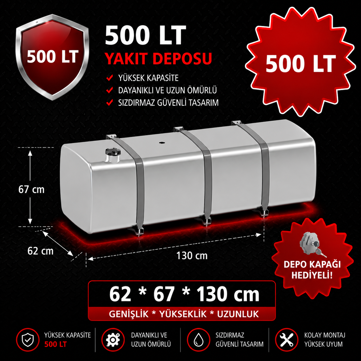 IVECO 500 LT ALÜMİNYUM AYAKLI YAKIT DEPOSU 62*67*130