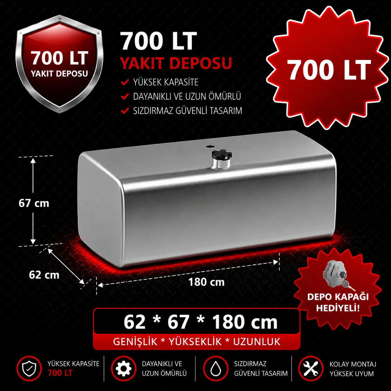 IVECO 700 LT ALÜMİNYUM AYAKSIZ YAKIT DEPOSU 62*67*180