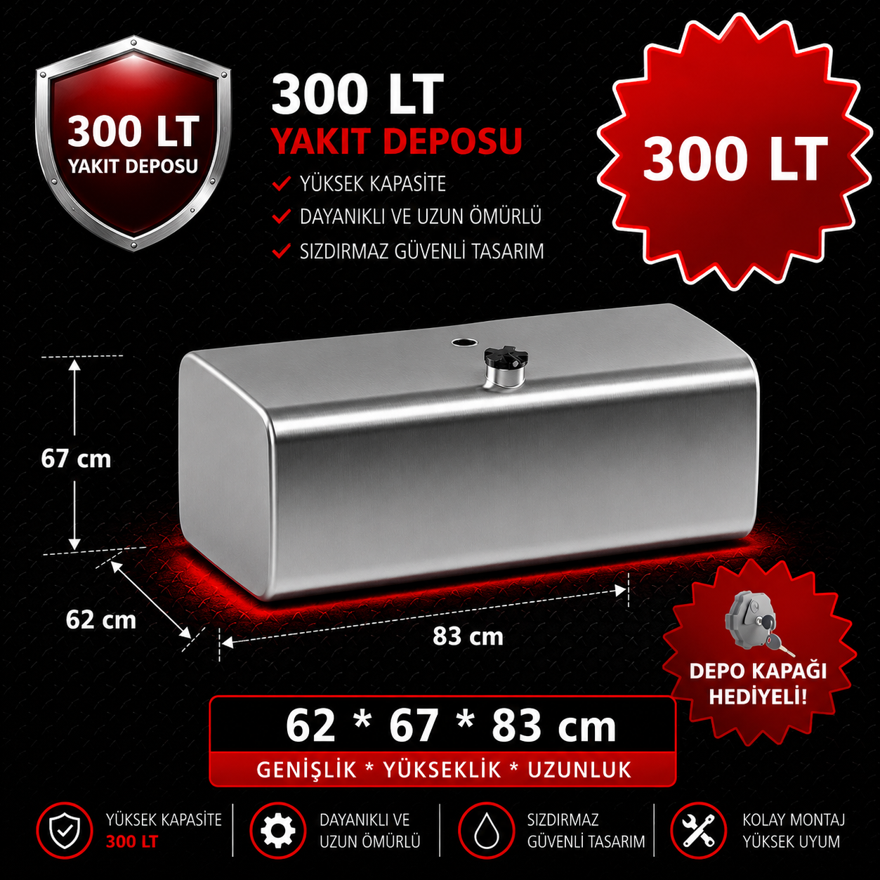 FORD CARGO 300 LT ALÜMİNYUM AYAKSIZ YAKIT DEPOSU 62*67*83