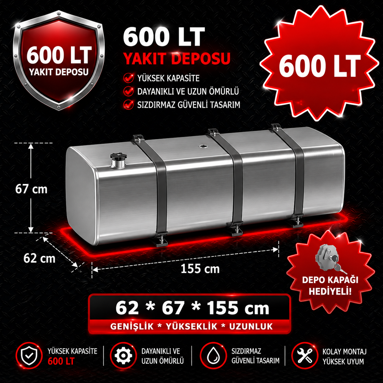 FORD CARGO 600 LT ALÜMİNYUM AYAKLI YAKIT DEPOSU 62*67*155