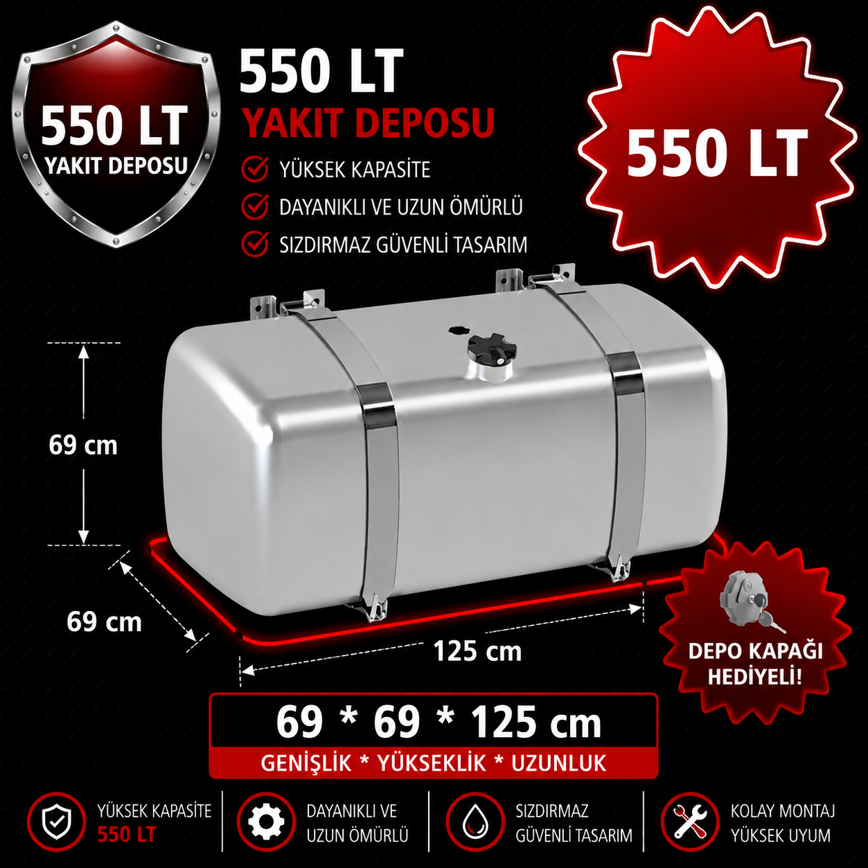 MAN 550 LT ALÜMİNYUM AYAKLI YAKIT DEPOSU 69*69*125